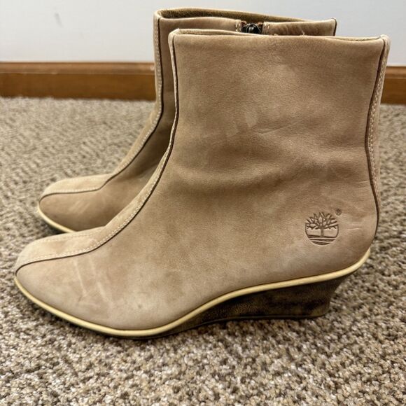 Timberland Neutral Tan Genuine Leather Women's 9M Zip Wedge Ankle Boots - Picture 5 of 16
